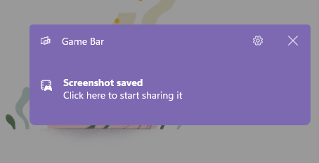 Game Bar popup notification indicating that a screenshot was saved.