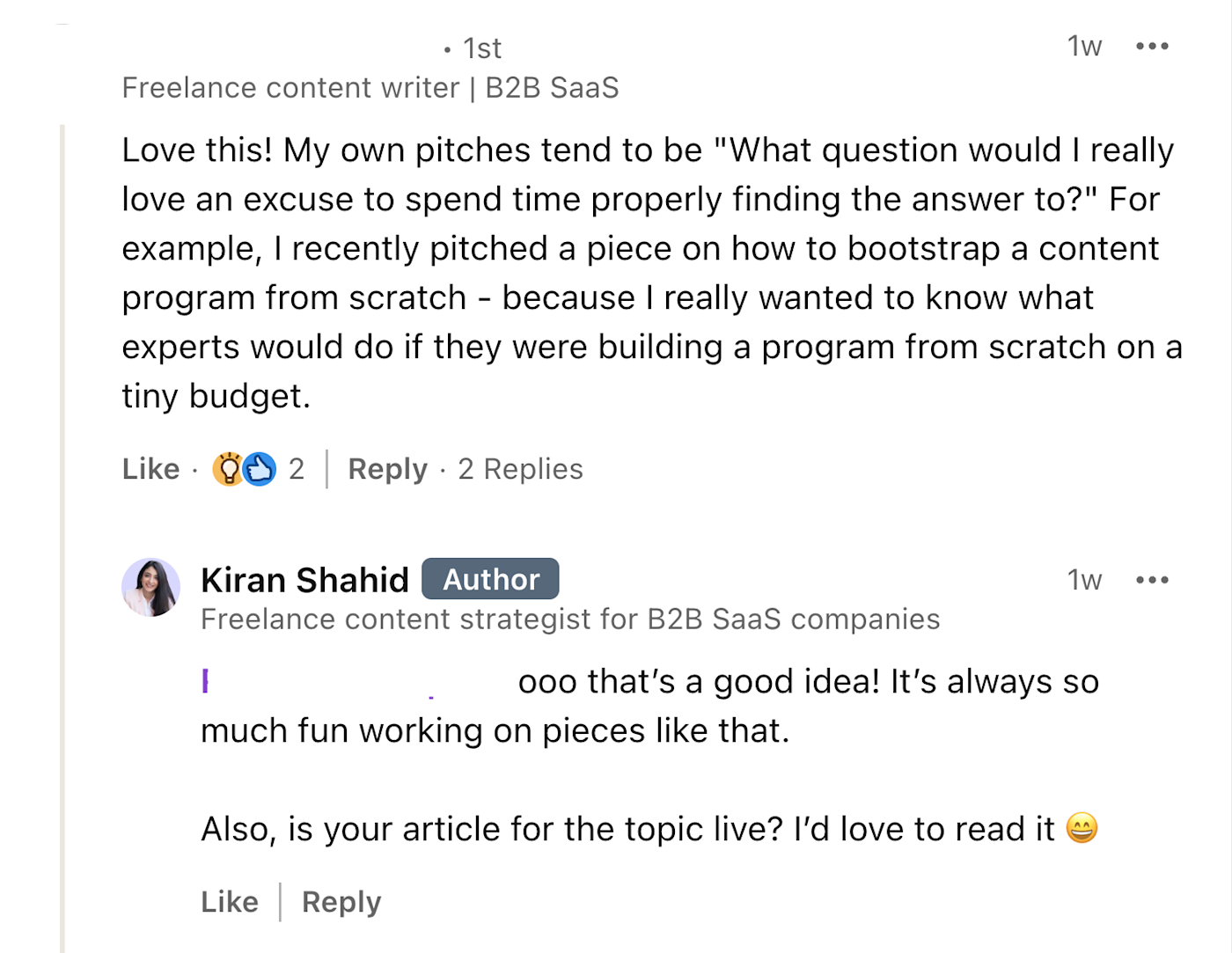 A comment on Kiran's LinkedIn page from a follower offering their own experiences