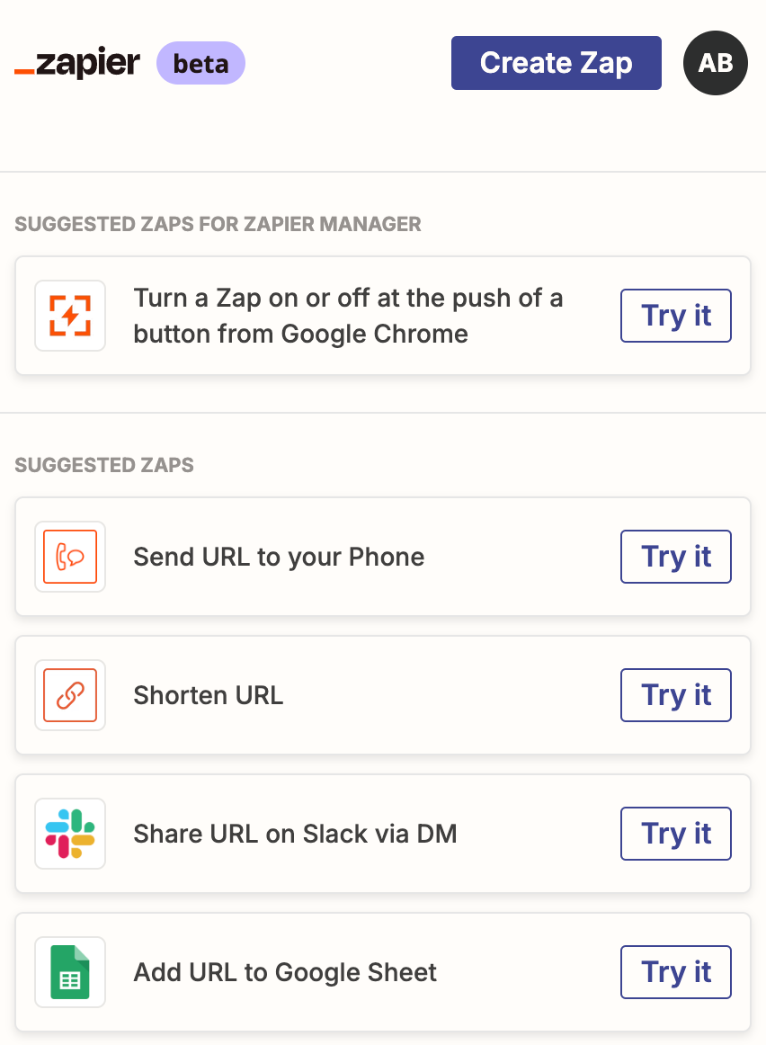 Screenshot of different Zaps users can try with the Zapier Chrome extension on a light tan background