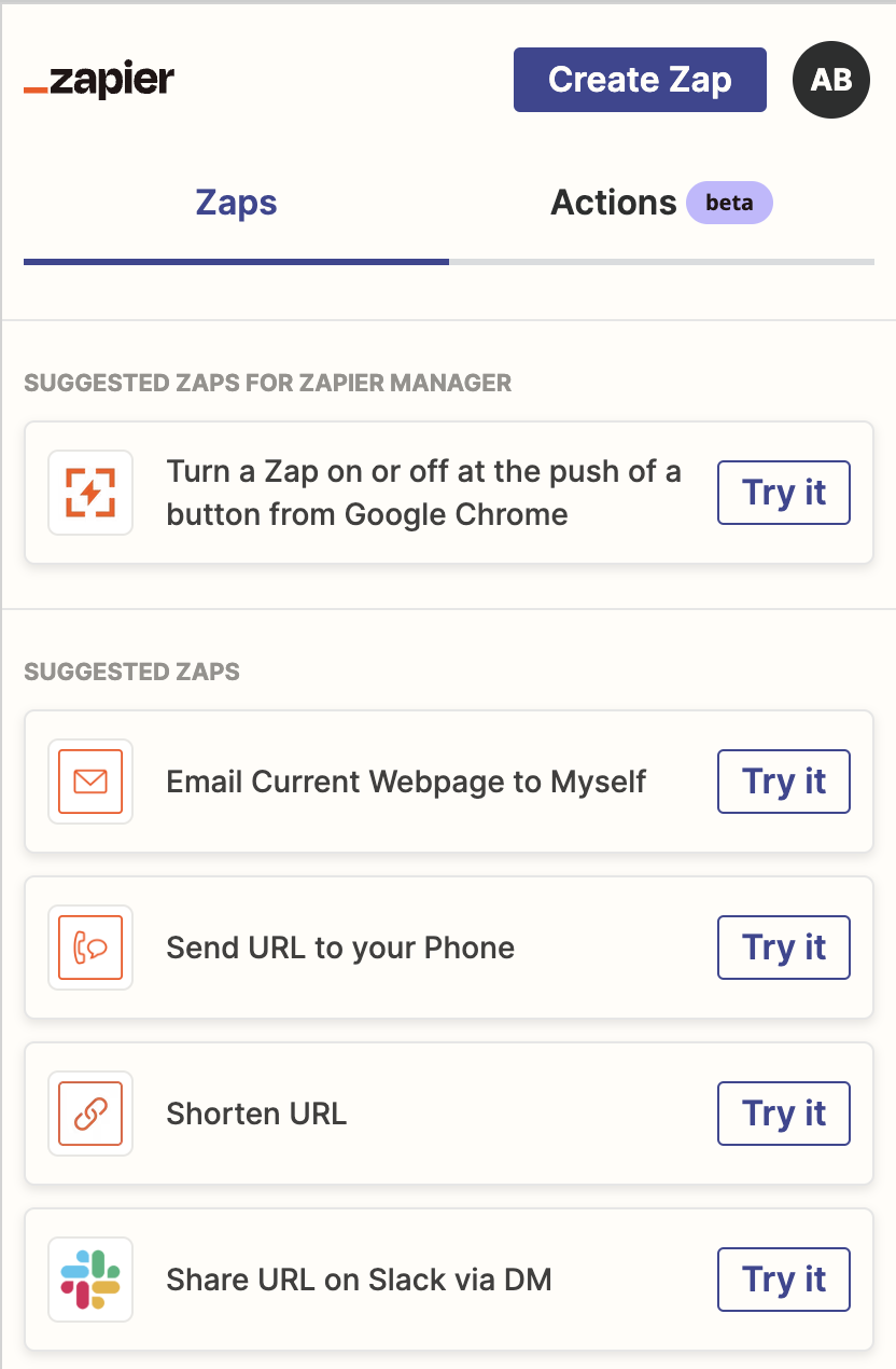 Screenshot of different Zaps users can try with the Zapier Chrome extension on a light tan background