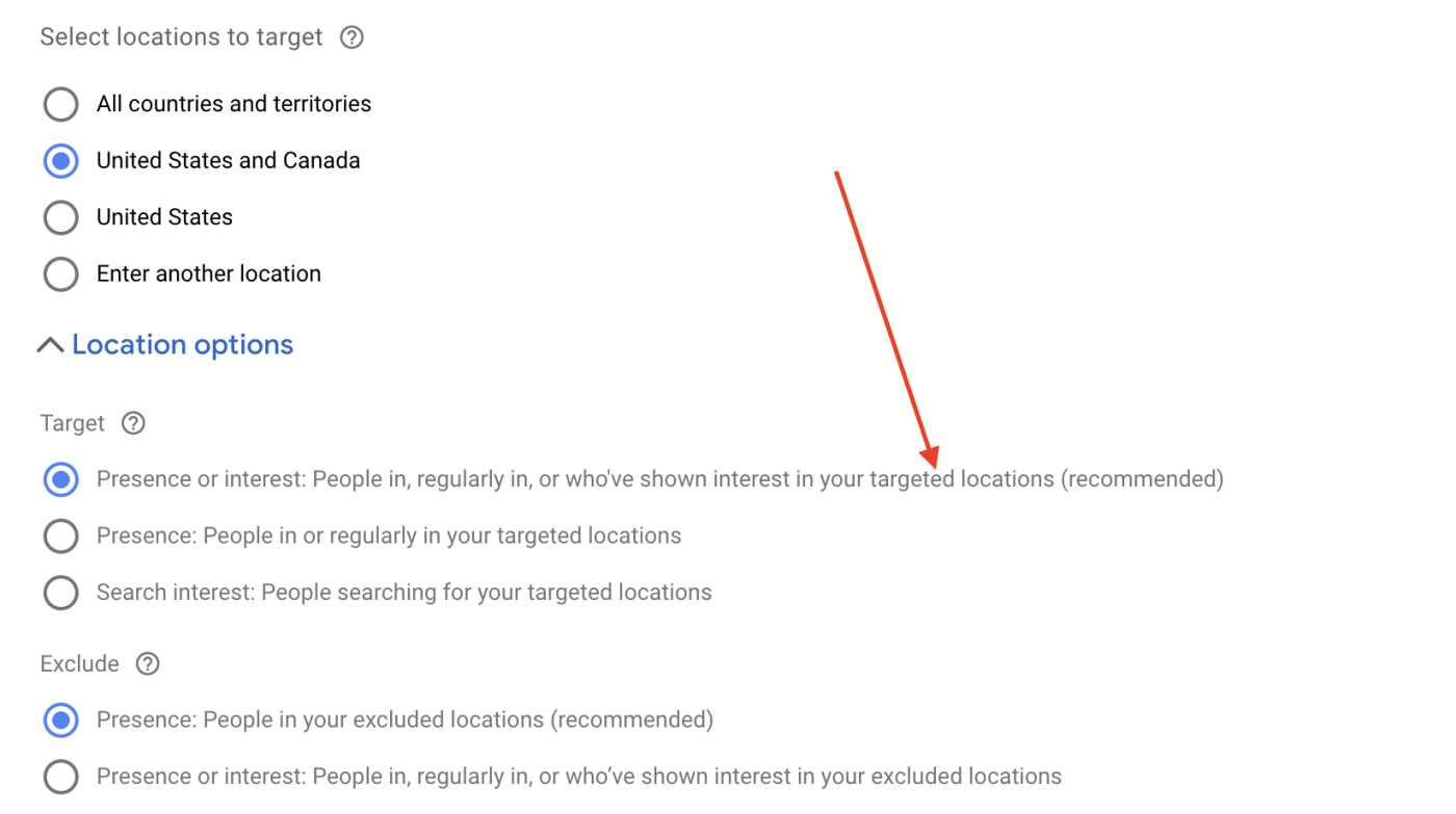 The default geo-location setting in Google Ads