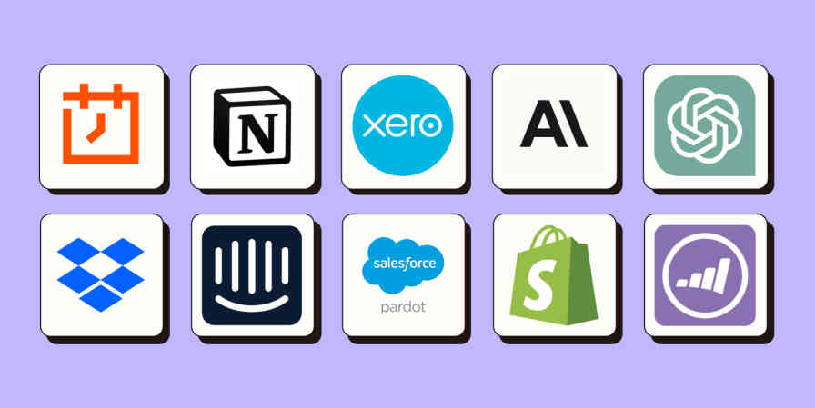 Hero with app logos. Top (from left to right): Schedule by Zapier, Notion, Xero, Anthropic (Claude 3), ChatGPT. Bottom (from left to right): Dropbox, Intercom, Pardot, Shopify, Marketo. 