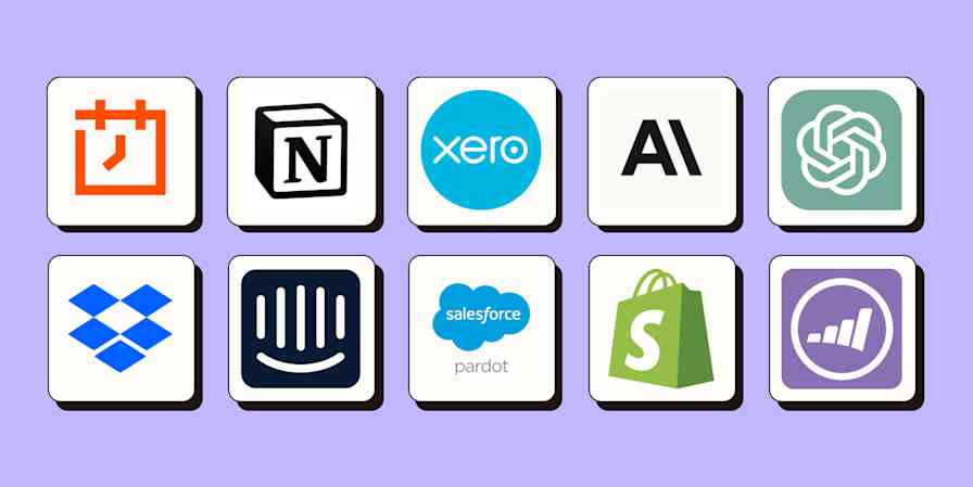 Hero with app logos. Top (from left to right): Schedule by Zapier, Notion, Xero, Anthropic (Claude 3), ChatGPT. Bottom (from left to right): Dropbox, Intercom, Pardot, Shopify, Marketo.