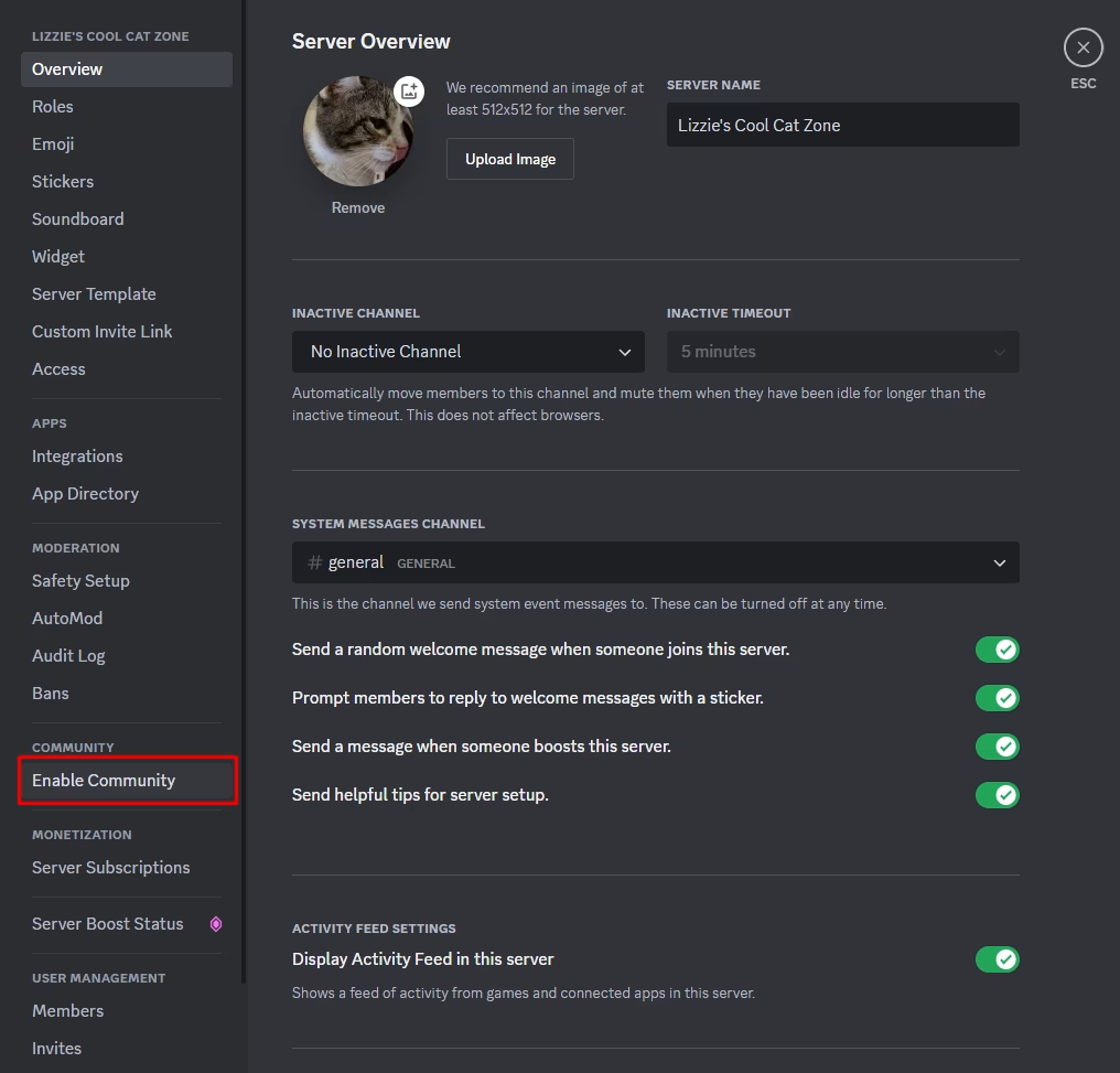 Clicking Enable Community in Discord