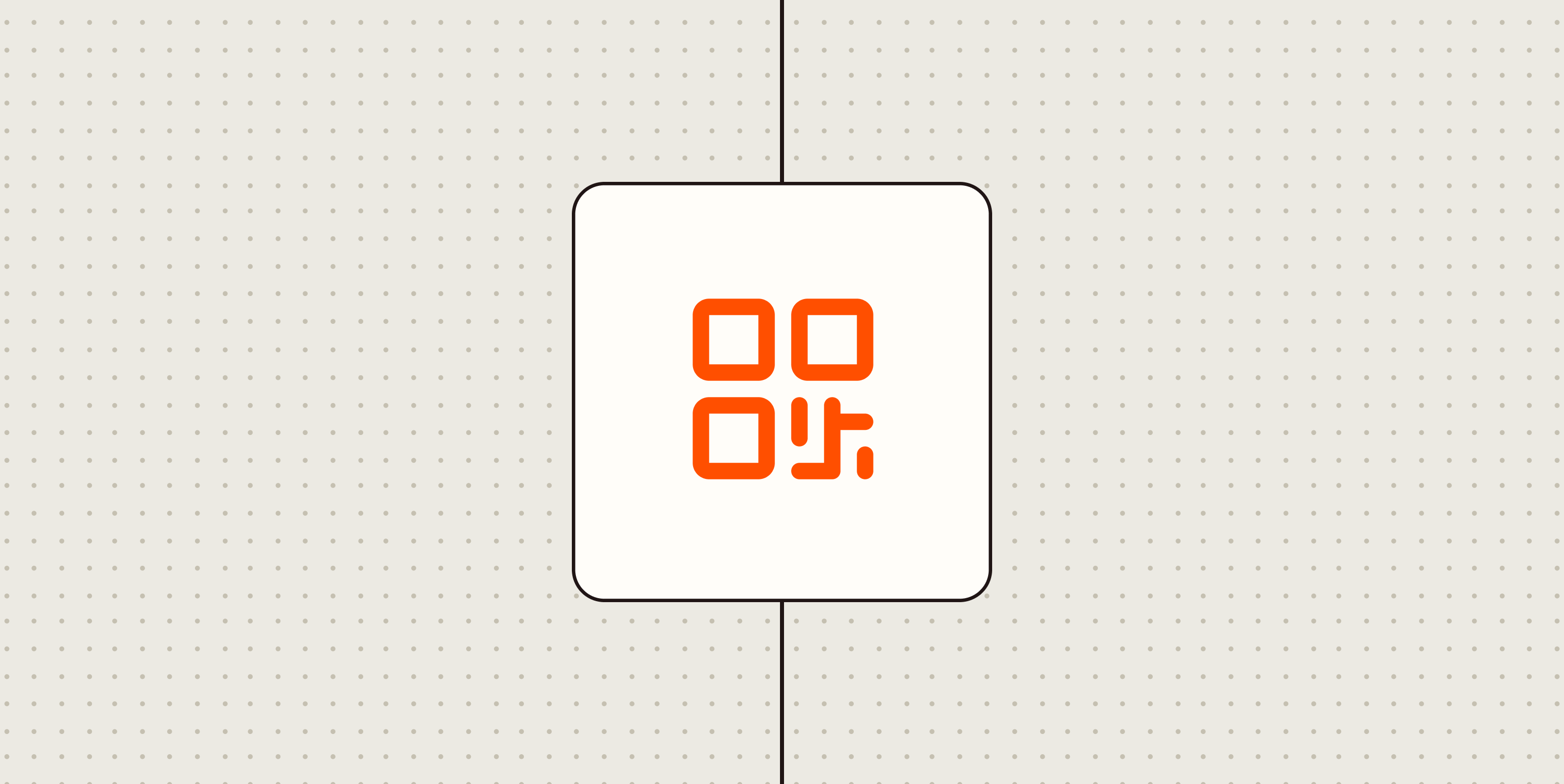 Stylized QR code icone against a dotted beige background.