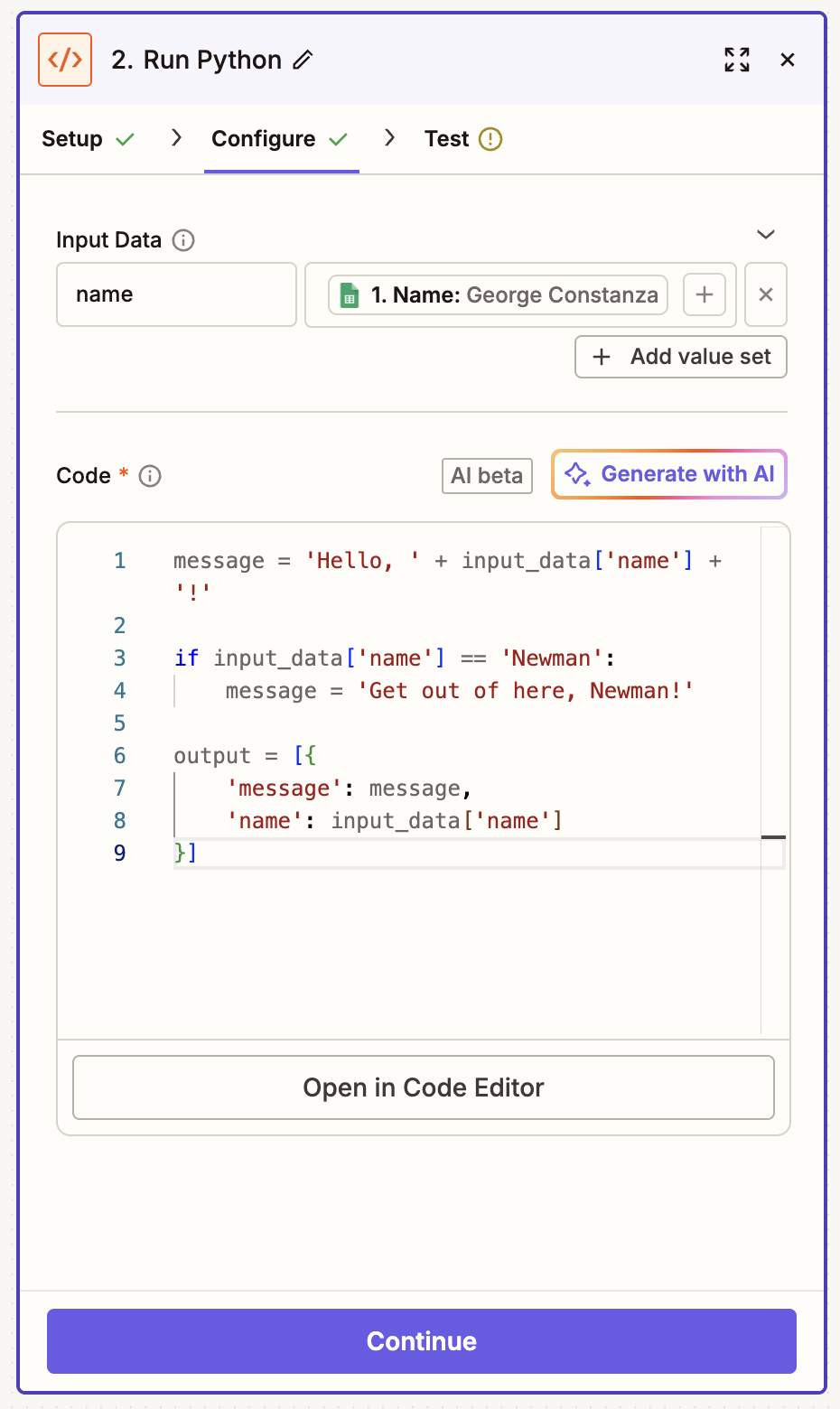 Screenshot of code step in action in Zap editor