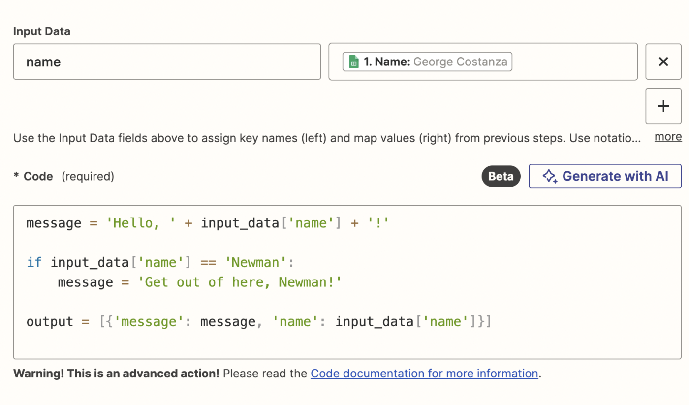 Screenshot of code step in action in Zap editor