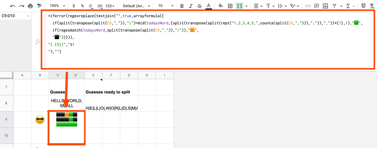 A screenshot of the formula used to create the emoji grid