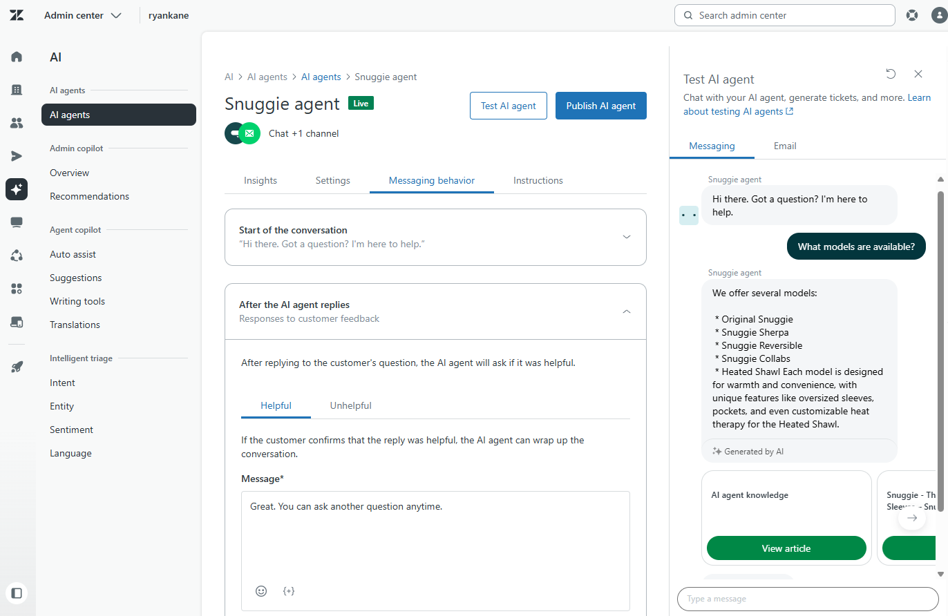 An AI agent in Zendesk