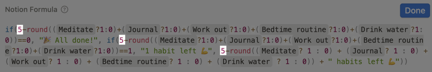 Screenshot of Notion formula with each "5" highlighted