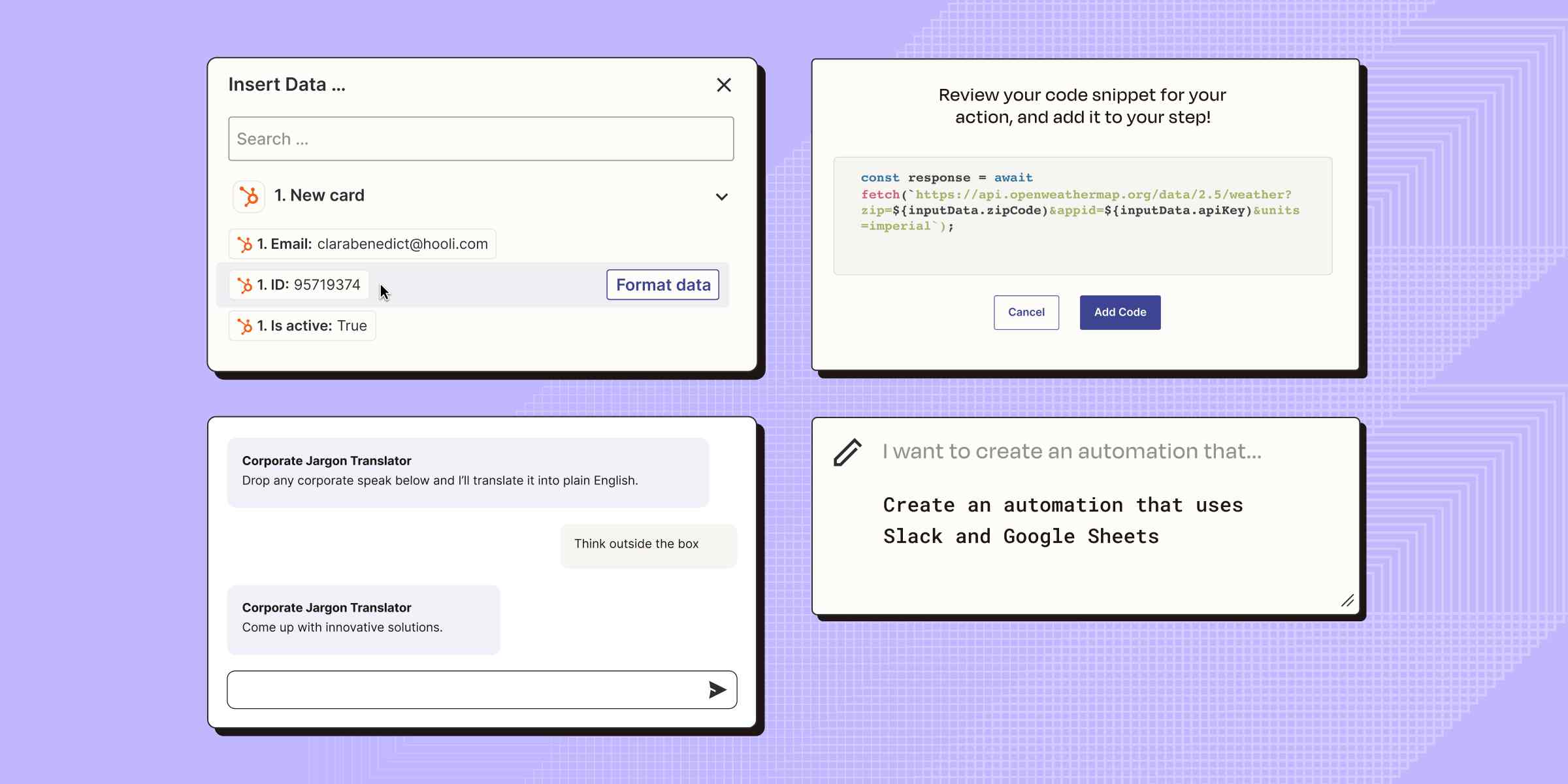 Collage of new AI beta features in Zapier. Clockwise from left to right: Formatter with AI, Code with AI, AI Chatbot, and AI-powered Zap Builder.