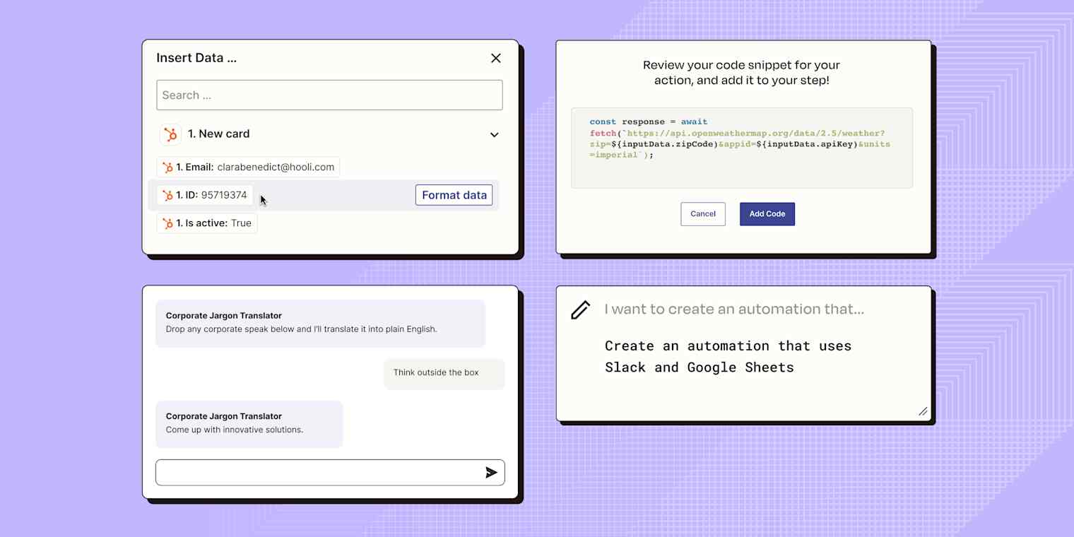 Collage of new AI beta features in Zapier. Clockwise from left to right: Formatter with AI, Code with AI, AI Chatbot, and AI-powered Zap Builder.