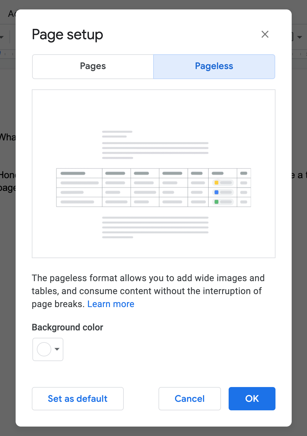 Switching to pageless view in Google Docs