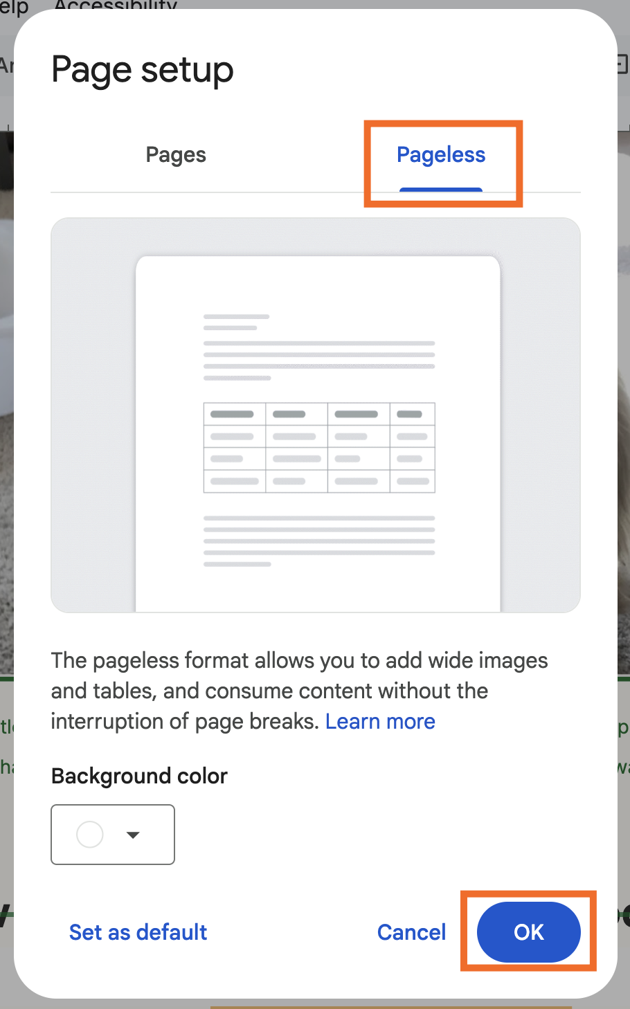 Switching to pageless view in Google Docs