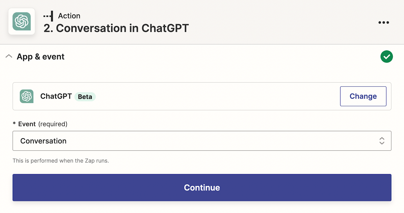 A screenshot of the setup for a ChatGPT action step in the Zapier editor.