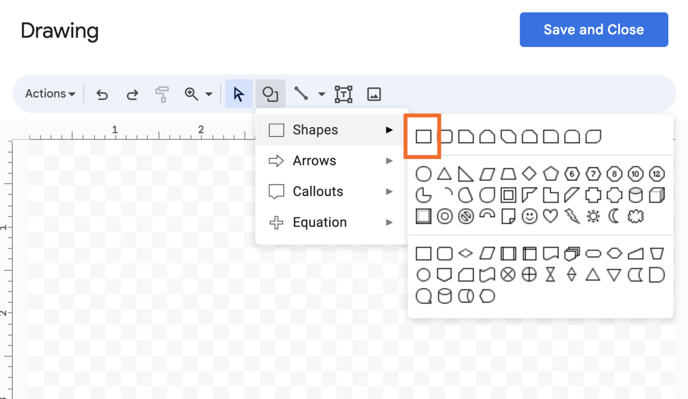 How to select the rectangle shape tool in Google Docs.