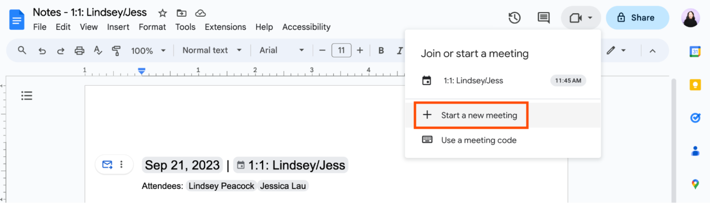 How to start a Google Meet meeting directly from Google Docs.