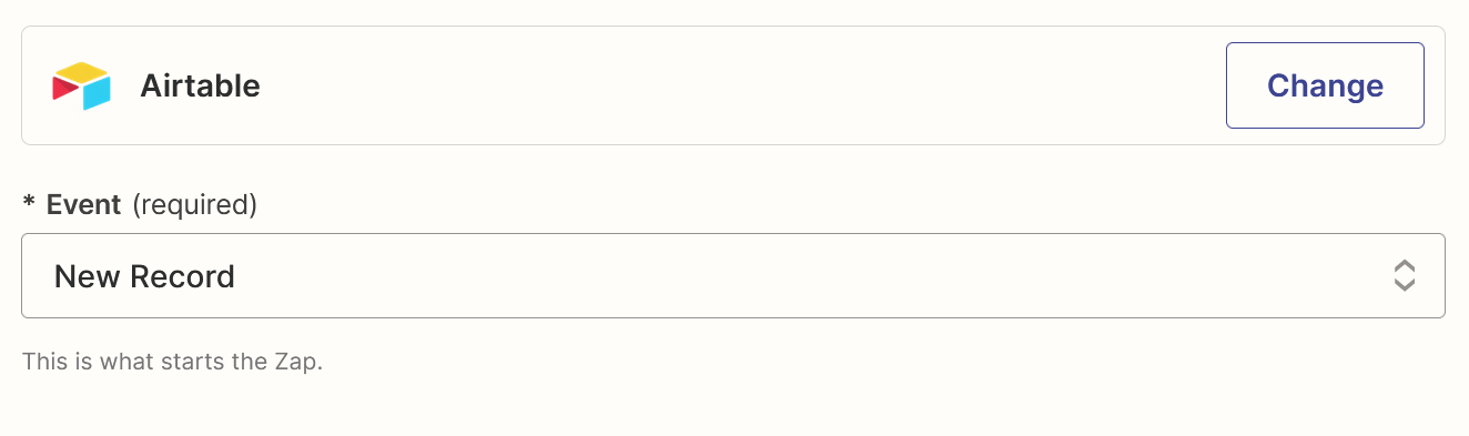 A trigger step in the Zap editor with Airtable selected for the trigger app and New Record selected for the trigger event.