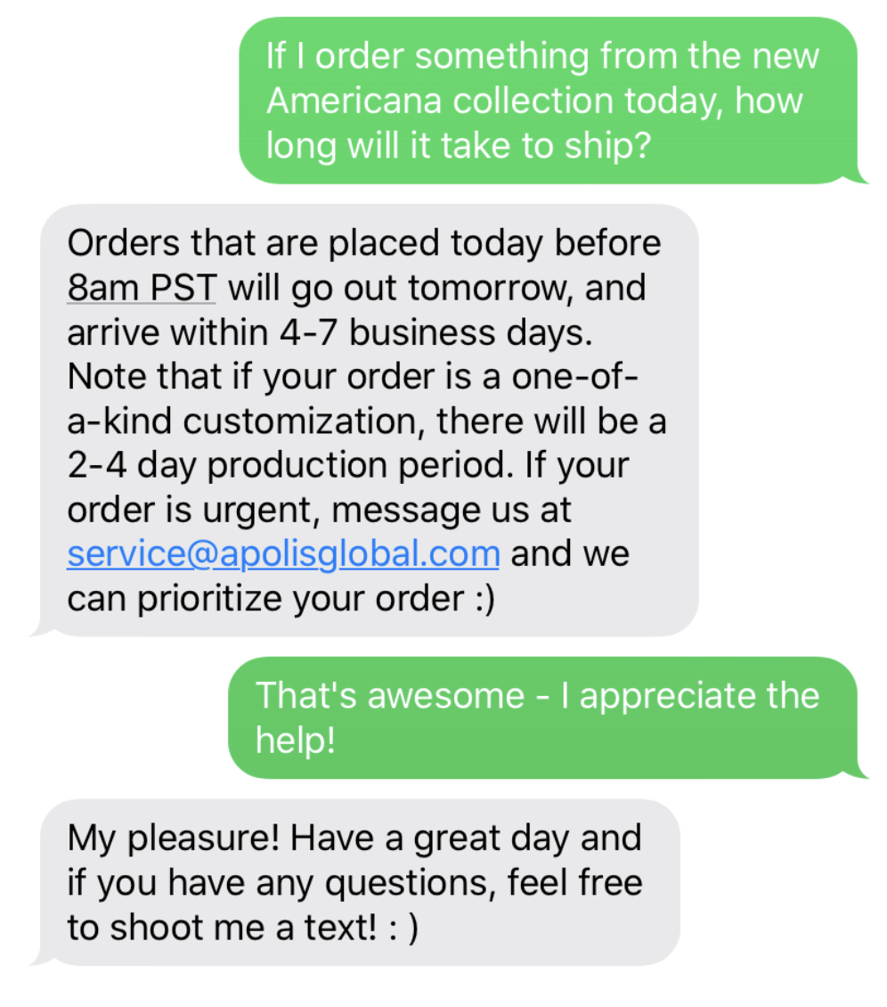 The brand texts the customer back with an answer to their question and tells them they can always text again if they have other questions