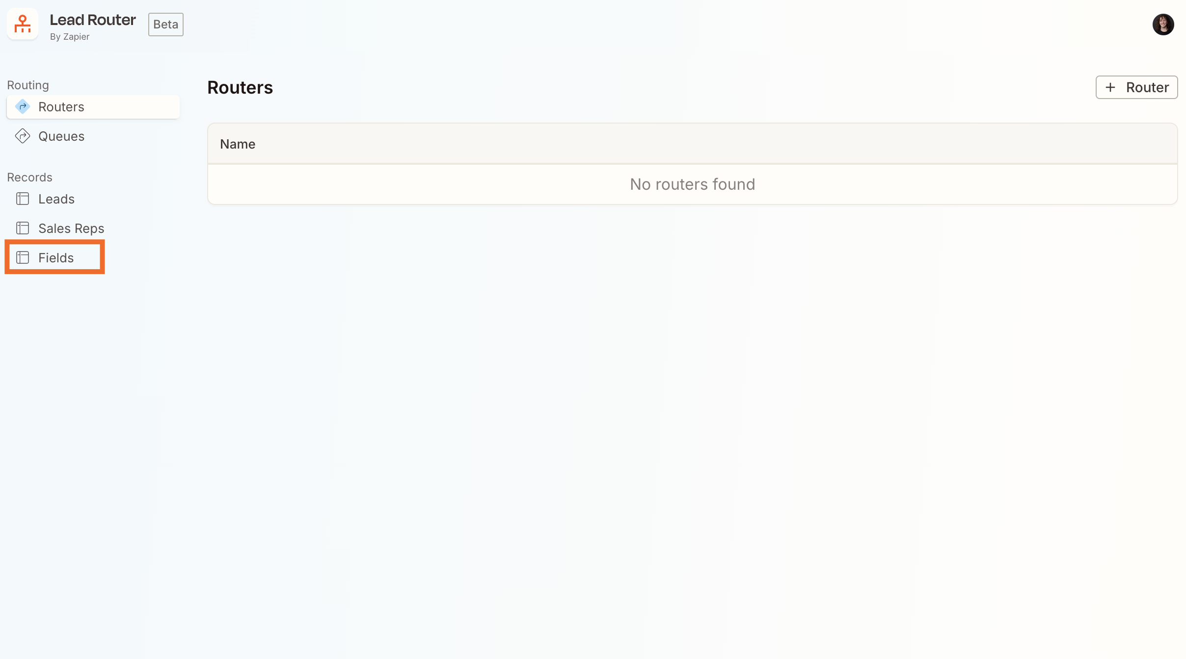 The Zapier Lead Router dashboard showing an empty Routers list with navigation links for Routers, Queues, Leads, Sales Reps, and a highlighted Fields tab on the left