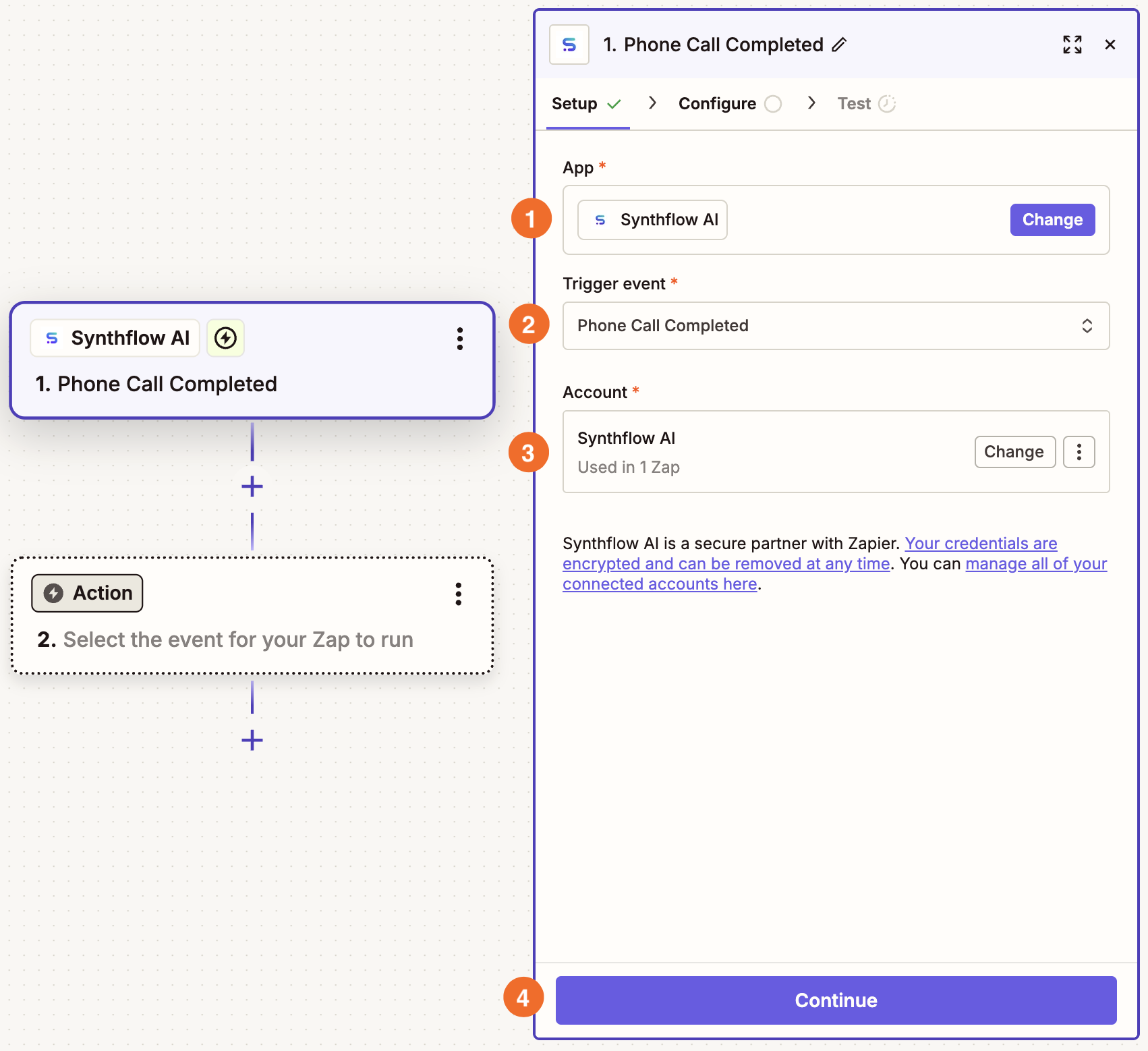 Setup for a Synthflow AI trigger in the Zap editor