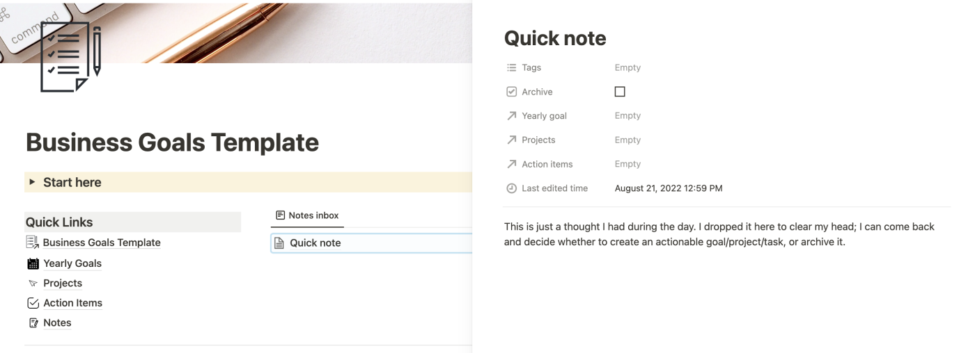 The Notes section of the Notion goals template