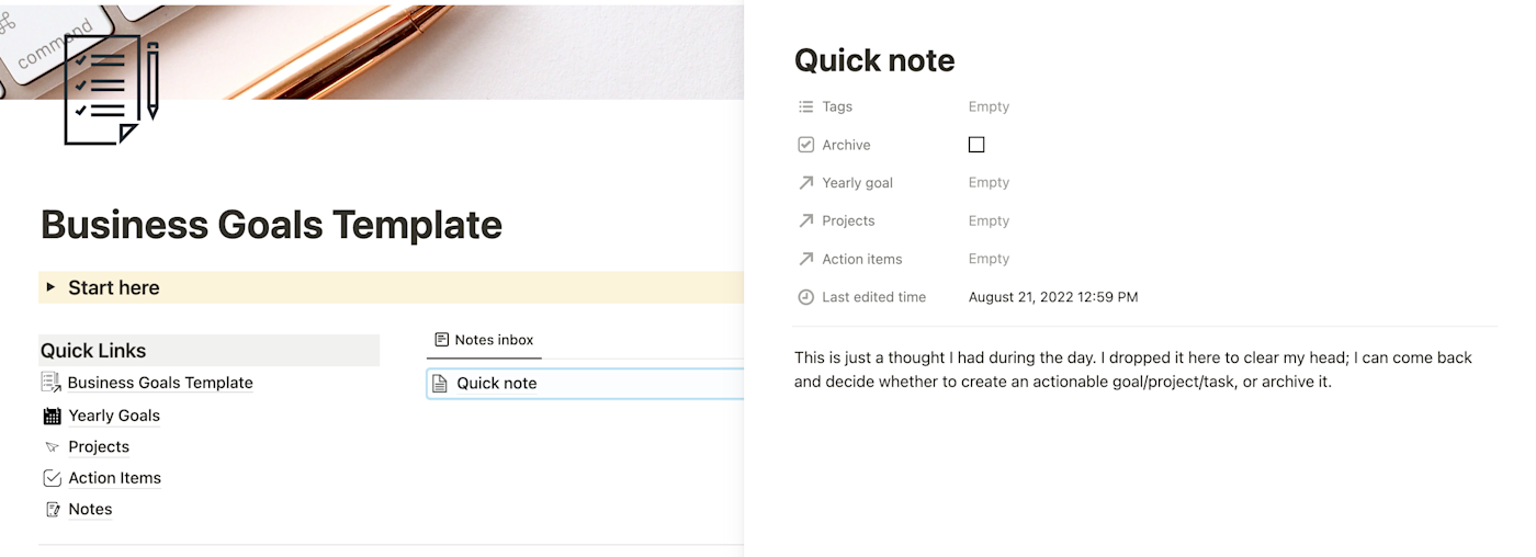 The Notes section of the Notion goals template