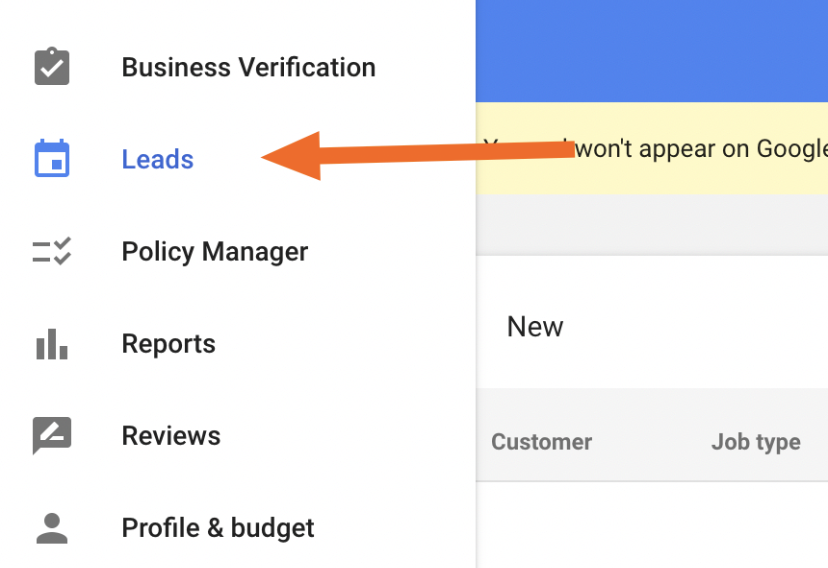 Google Local Services Ads dashboard with an expanded view of the menu and an arrow pointing to leads.