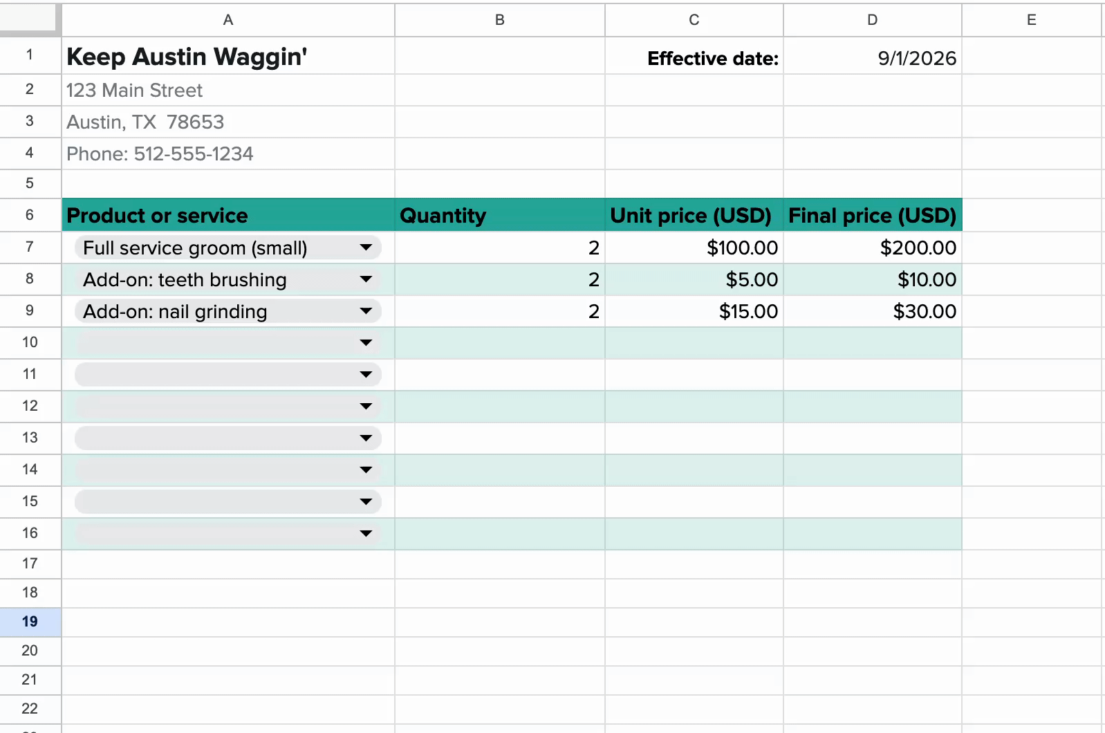 Demo of how to populate rows with dropdowns and prefills using the fill handle in Google Sheets.