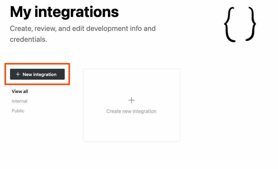 Notion's My integrations page. A red box highlights the + New integration button.