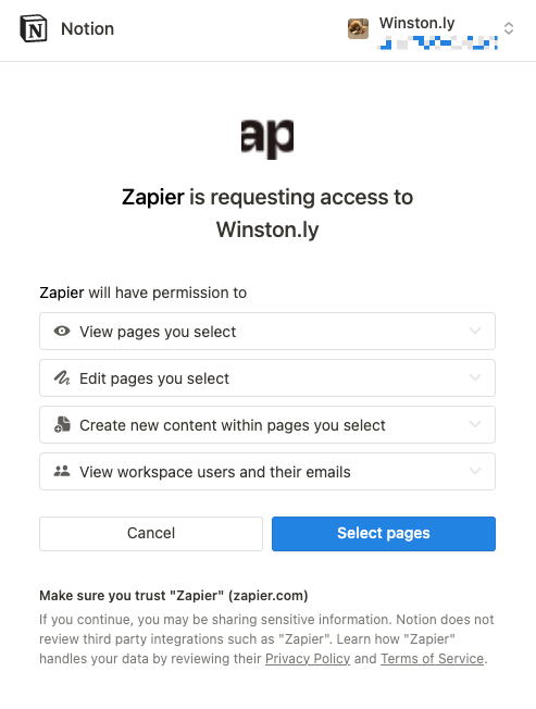 A pop-up window in the Zap editor will request access to your Notion workspace. It will list the permissions you're granting Zapier.