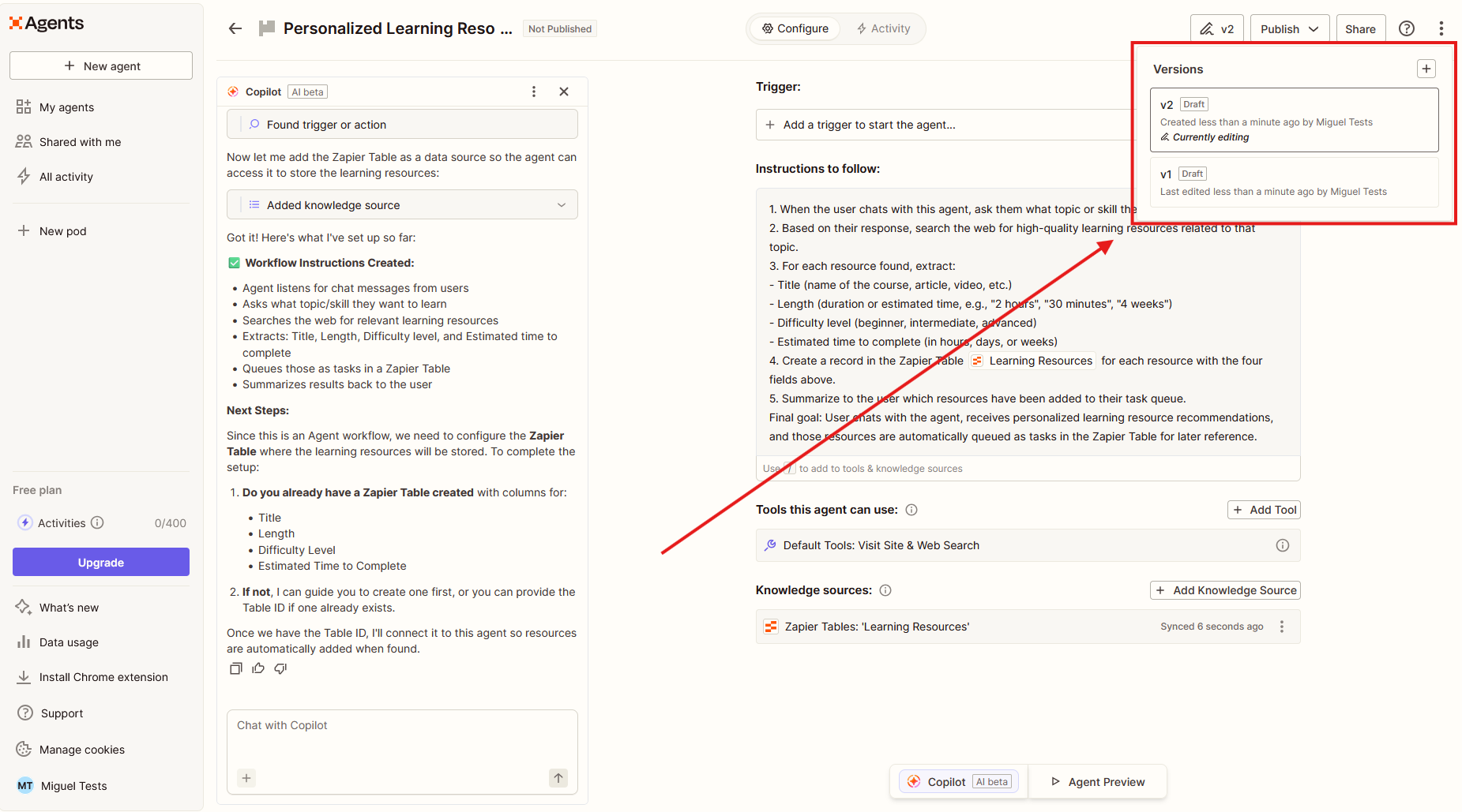 Version control in Zapier Agents