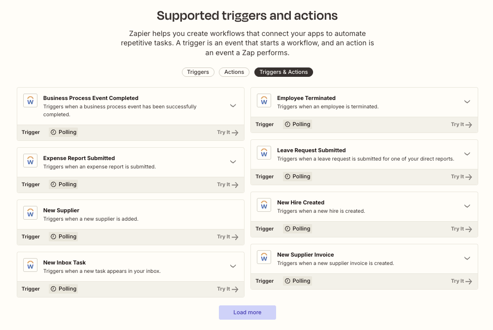 Supported triggers and actions for Workday