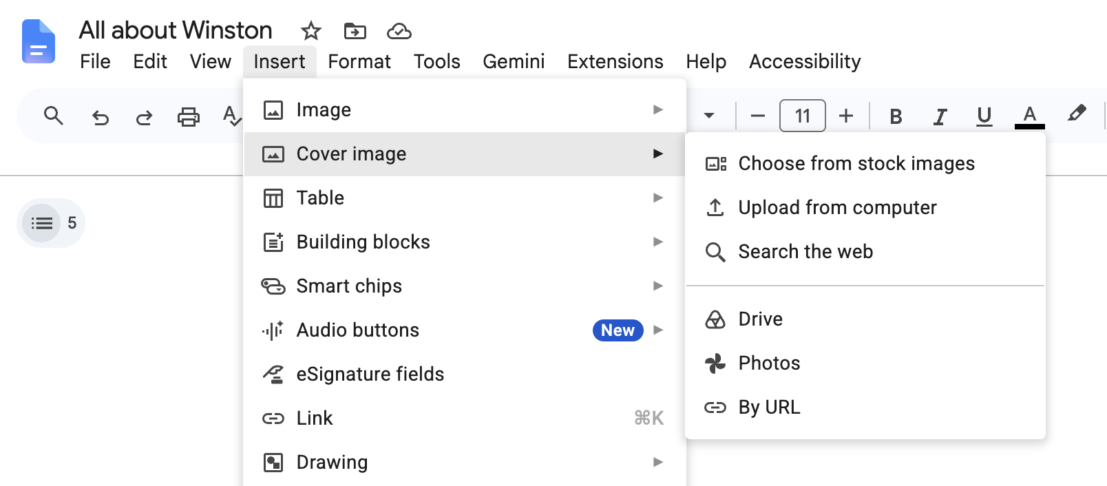 Vue agrandie de l’onglet Insertion dans Google Docs. L'option image de couverture est surlignée.