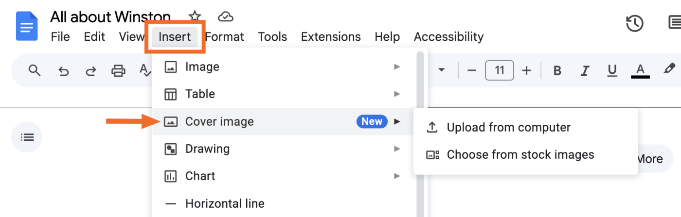 Expanded view of the insert tab in Google Docs. The cover image option is highlighted. 