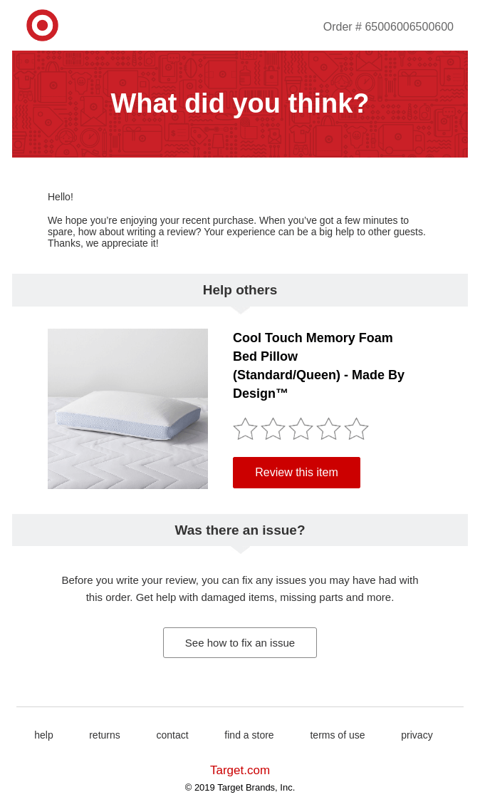 Purchase follow up email from Target with the header What do you think? prompting the reader to review a pillow purchase.