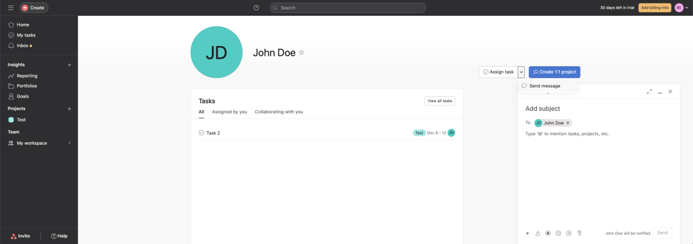 Screenshot of Asana's chat feature, showing John Doe's profile with a chat window on the right side of the screen and his tasks on the left