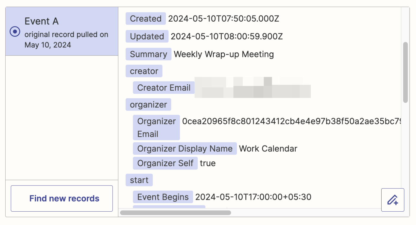 Sample Google Calendar test data in the Zap editor.
