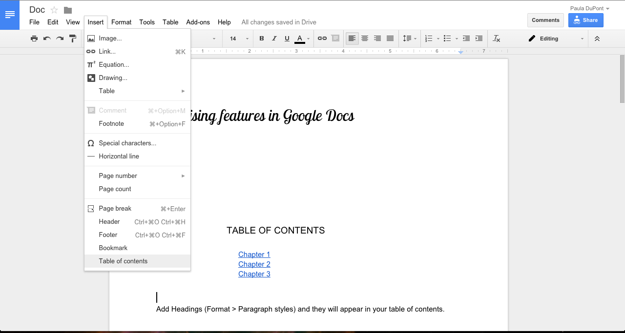 Create a Table of Contents
