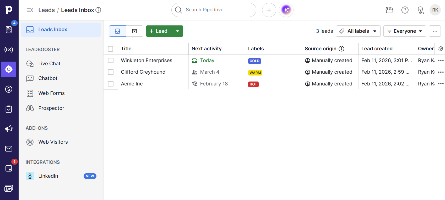 Leads inbox in Pipedrive