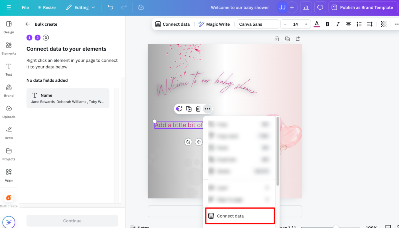 Expanded view of the right-click menu of a text element in Canva. The option to connect data is highlighted. 