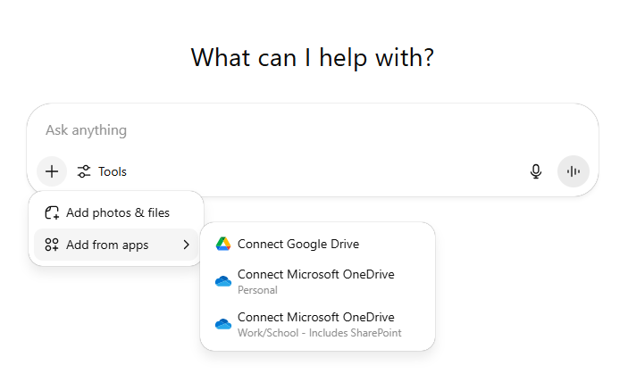 ChatGPT message bar with the option to add a file from Google Drive highlighted.