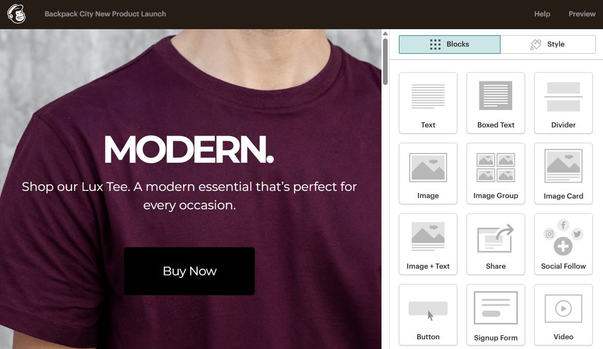 The landing page builder in Mailchimp