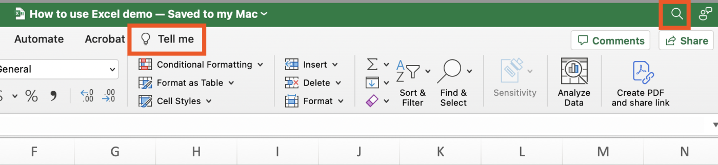 How to quickly find tools in Excel: use the search bar or the tell me tool.