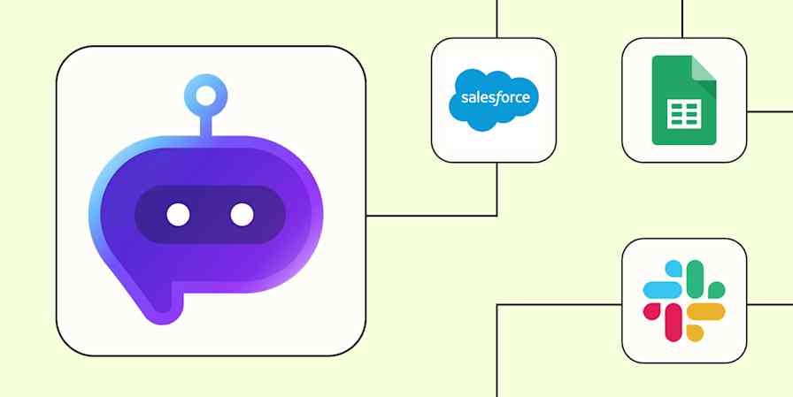 The Botsonic logo connected to logos for Salesforce, Google Sheets, and Slack against a lime green background