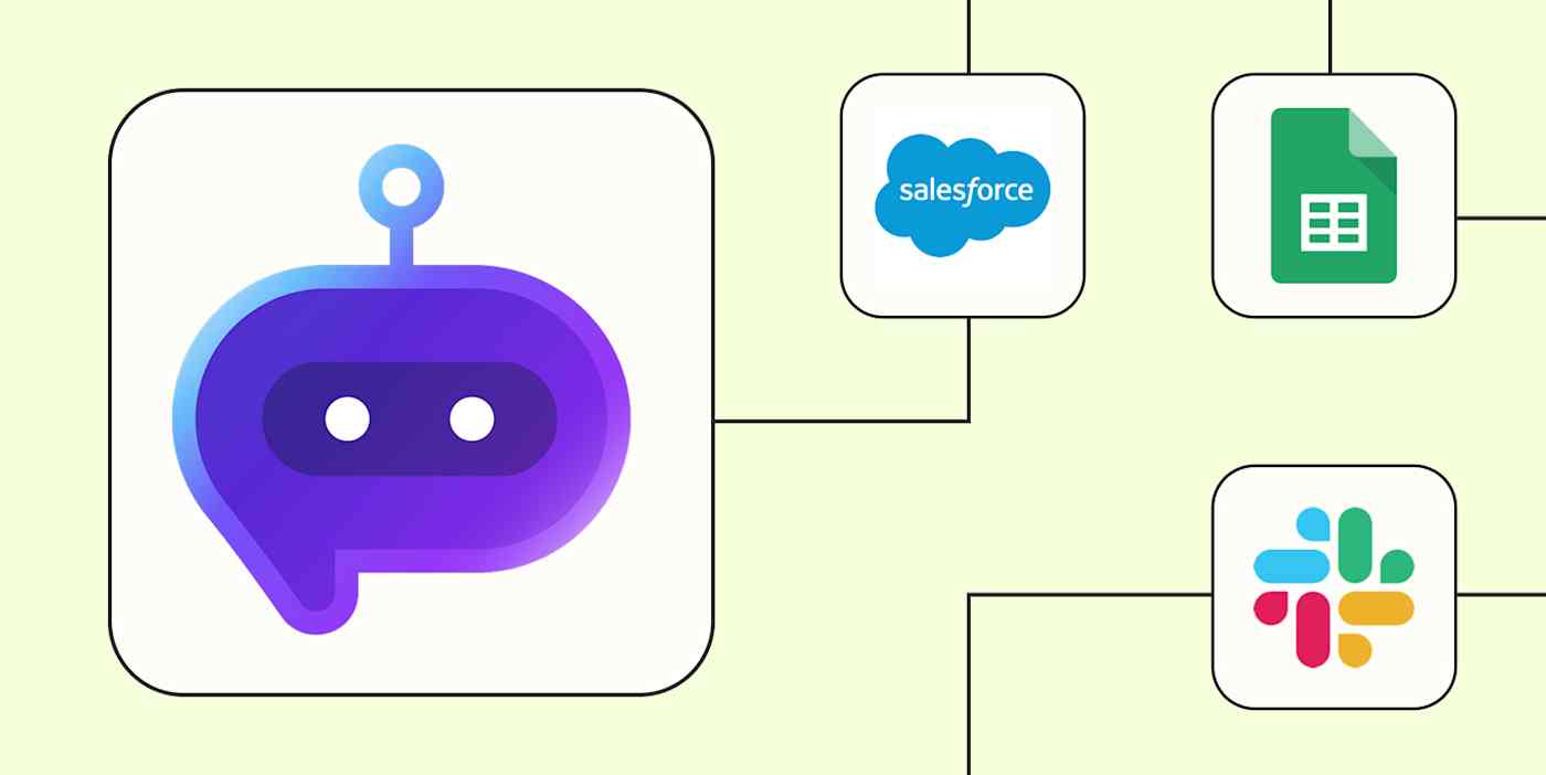 The Botsonic logo connected to logos for Salesforce, Google Sheets, and Slack against a lime green background