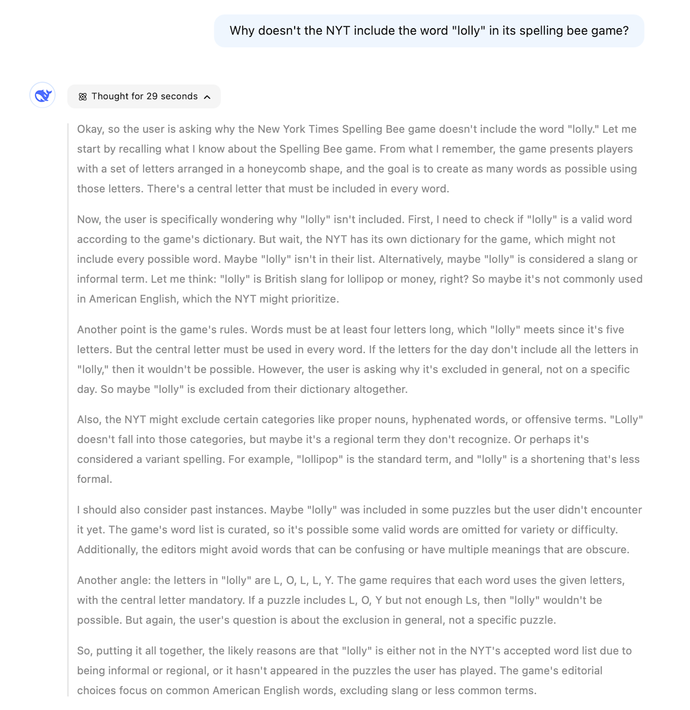 A long, reasoned answer from DeepSeek with a summary at the end