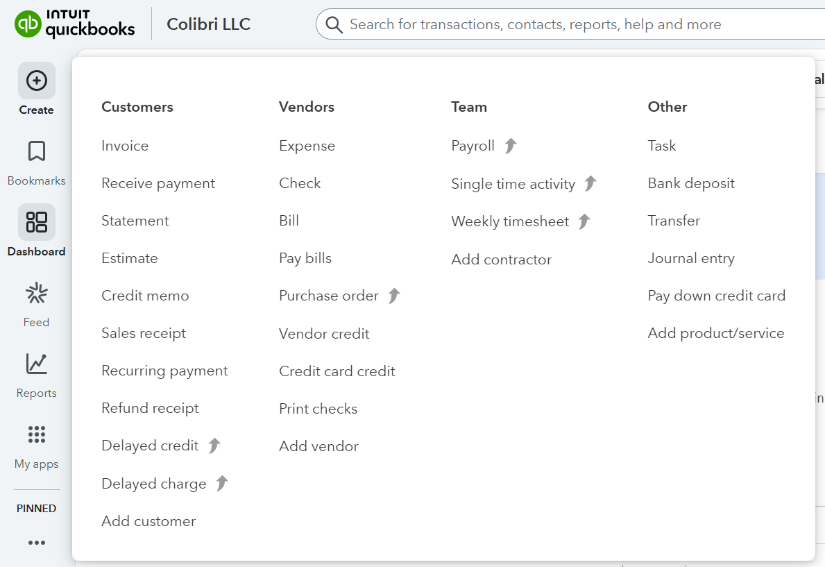 A big submenu with lots of links in QuickBooks