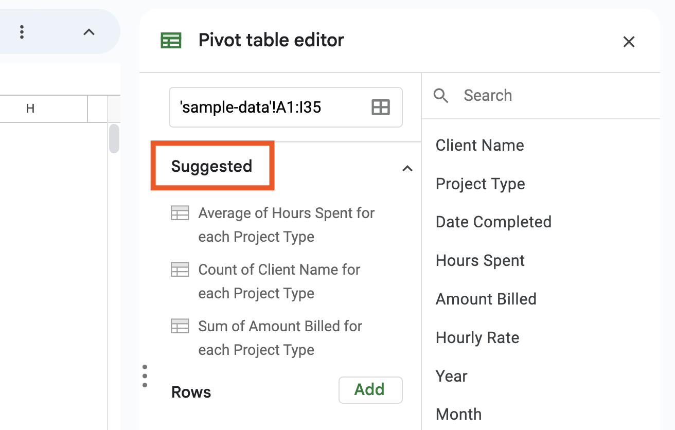 Suggested data analyses for a pivot table in Google Sheets. 