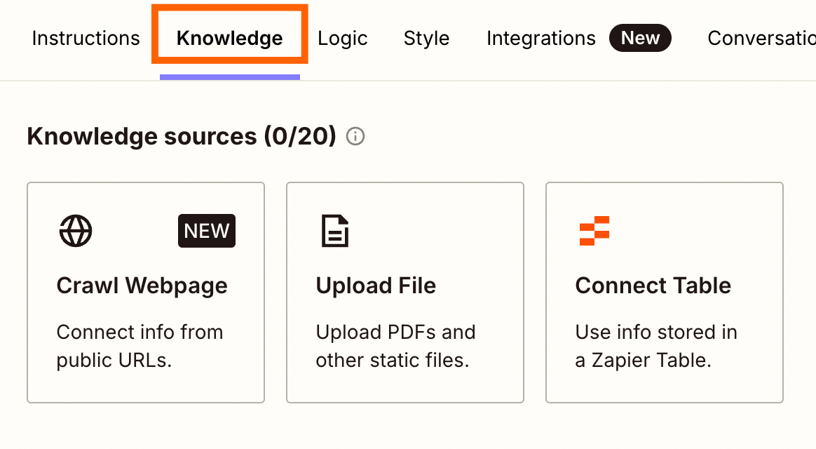 Screenshot of knowledge tab